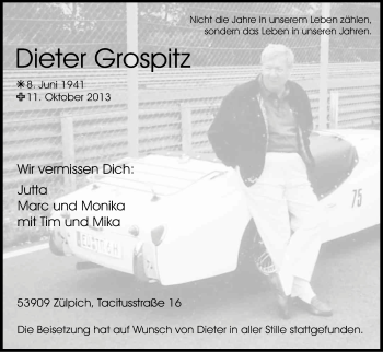 Anzeige von Dieter Grospitz von Kölner Stadt-Anzeiger / Kölnische Rundschau / Express