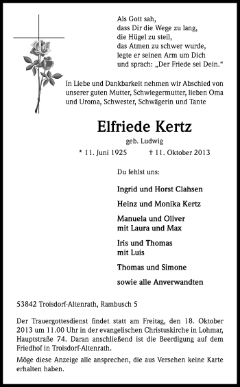 Anzeige von Elfriede Kertz von Kölner Stadt-Anzeiger / Kölnische Rundschau / Express