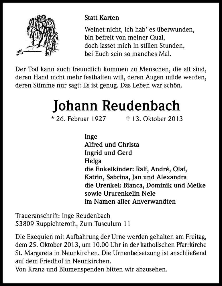  Traueranzeige für Johann Reudenbach vom 16.10.2013 aus Kölner Stadt-Anzeiger / Kölnische Rundschau / Express