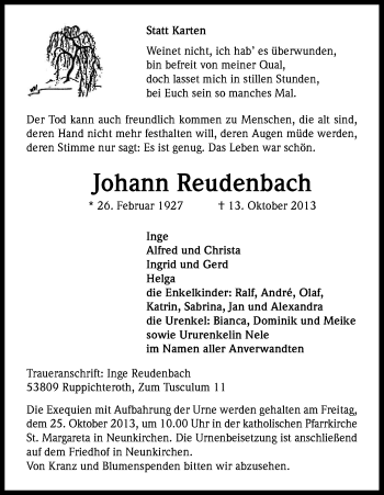 Anzeige von Johann Reudenbach von Kölner Stadt-Anzeiger / Kölnische Rundschau / Express