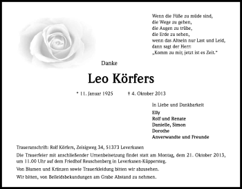 Anzeige von Leo Körfers von Kölner Stadt-Anzeiger / Kölnische Rundschau / Express