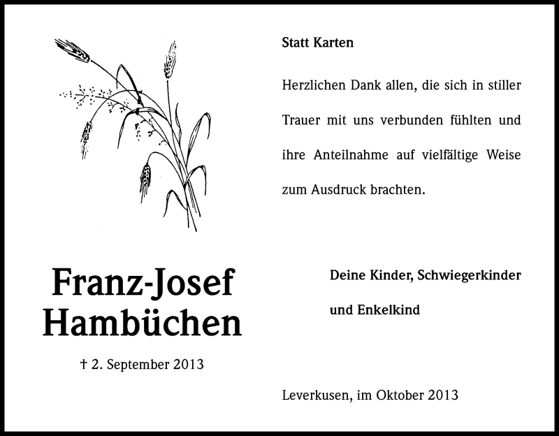  Traueranzeige für Franz-Josef Hambüchen vom 16.10.2013 aus Kölner Stadt-Anzeiger / Kölnische Rundschau / Express