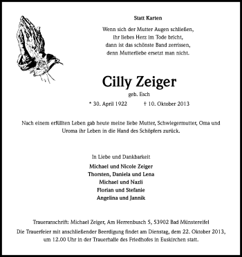 Anzeige von Cäcilia Zeiger von Kölner Stadt-Anzeiger / Kölnische Rundschau / Express