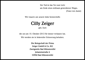 Anzeige von Cäcilia Zeiger von Kölner Stadt-Anzeiger / Kölnische Rundschau / Express