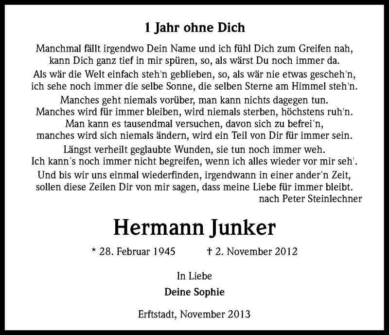  Traueranzeige für Hermann Junker vom 02.11.2013 aus Kölner Stadt-Anzeiger / Kölnische Rundschau / Express