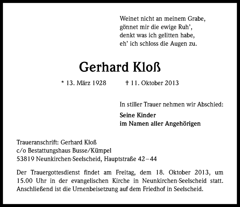  Traueranzeige für Gerhard Kloß vom 16.10.2013 aus Kölner Stadt-Anzeiger / Kölnische Rundschau / Express
