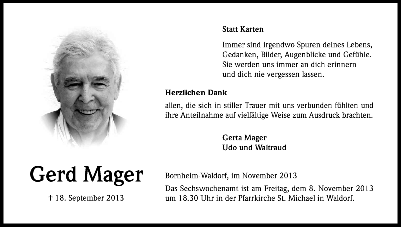  Traueranzeige für Gerd Mager vom 02.11.2013 aus Kölner Stadt-Anzeiger / Kölnische Rundschau / Express