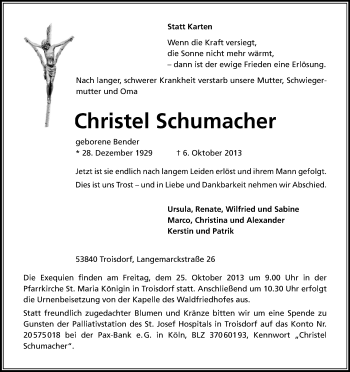 Anzeige von Christel Schumacher von Kölner Stadt-Anzeiger / Kölnische Rundschau / Express