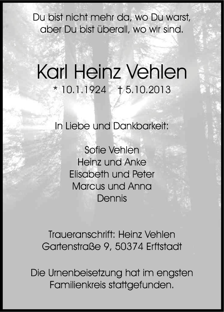  Traueranzeige für Karl Heinz Vehlen vom 02.11.2013 aus Kölner Stadt-Anzeiger / Kölnische Rundschau / Express