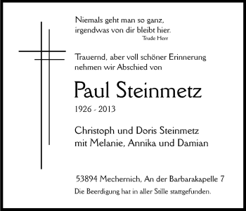 Anzeige von Paul Steinmaetz von Kölner Stadt-Anzeiger / Kölnische Rundschau / Express