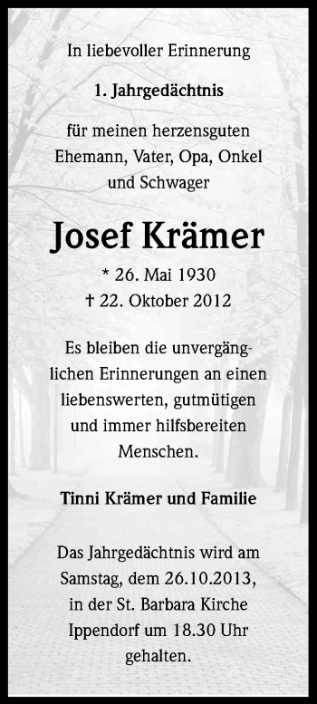 Anzeige von Josef Krämer von Kölner Stadt-Anzeiger / Kölnische Rundschau / Express