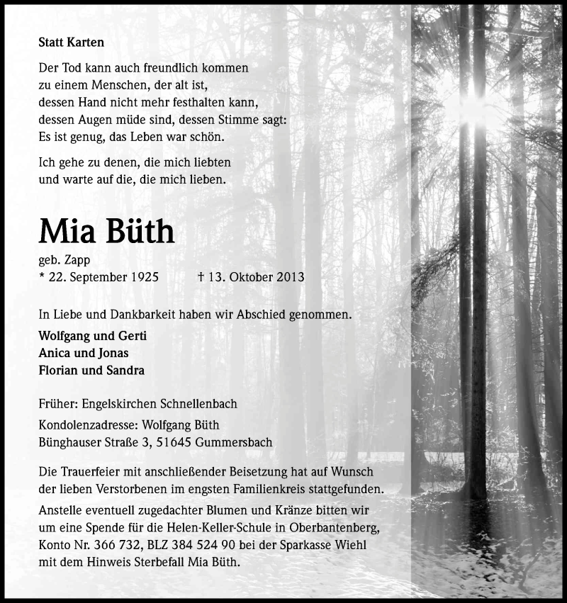  Traueranzeige für Mia Büth vom 19.10.2013 aus Kölner Stadt-Anzeiger / Kölnische Rundschau / Express