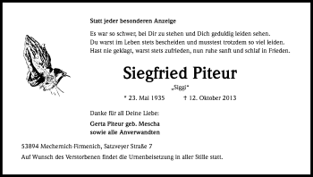 Anzeige von Siegfried Piteur von Kölner Stadt-Anzeiger / Kölnische Rundschau / Express