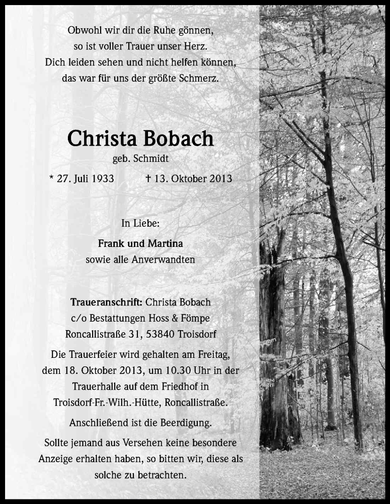 Traueranzeige für Christa Bobach vom 16.10.2013 aus Kölner Stadt-Anzeiger / Kölnische Rundschau / Express