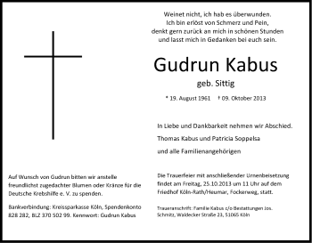 Anzeige von Gudrun Kabus von Kölner Stadt-Anzeiger / Kölnische Rundschau / Express