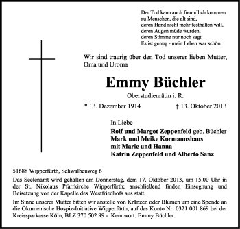 Anzeige von Emmy Büchler von Kölner Stadt-Anzeiger / Kölnische Rundschau / Express