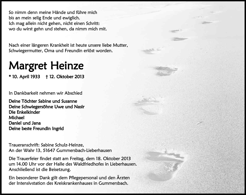  Traueranzeige für Margret Heinze vom 16.10.2013 aus Kölner Stadt-Anzeiger / Kölnische Rundschau / Express