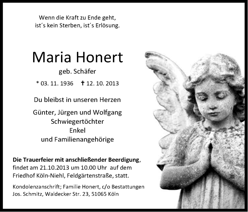  Traueranzeige für Maria Honert vom 16.10.2013 aus Kölner Stadt-Anzeiger / Kölnische Rundschau / Express