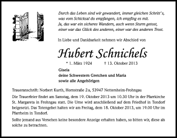 Anzeige von Hubert Schnichels von Kölner Stadt-Anzeiger / Kölnische Rundschau / Express