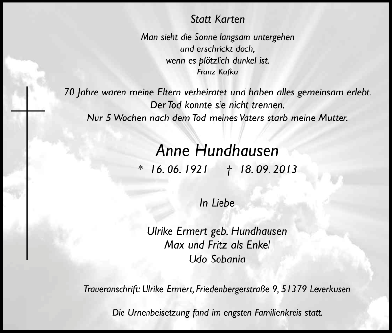 Traueranzeige für Anne Hundhausen vom 19.10.2013 aus Kölner Stadt-Anzeiger / Kölnische Rundschau / Express