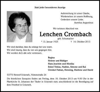 Anzeige von Lenchen Crombach von Kölner Stadt-Anzeiger / Kölnische Rundschau / Express