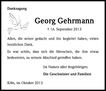 Anzeige von Georg Gehrmann von Kölner Stadt-Anzeiger / Kölnische Rundschau / Express