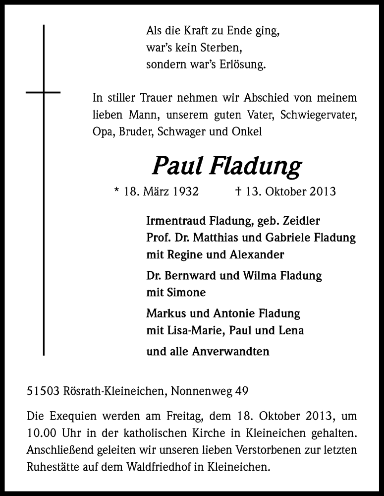  Traueranzeige für Paul Fladung vom 16.10.2013 aus Kölner Stadt-Anzeiger / Kölnische Rundschau / Express