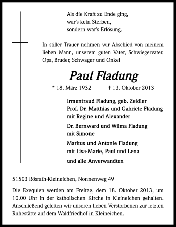 Anzeige von Paul Fladung von Kölner Stadt-Anzeiger / Kölnische Rundschau / Express