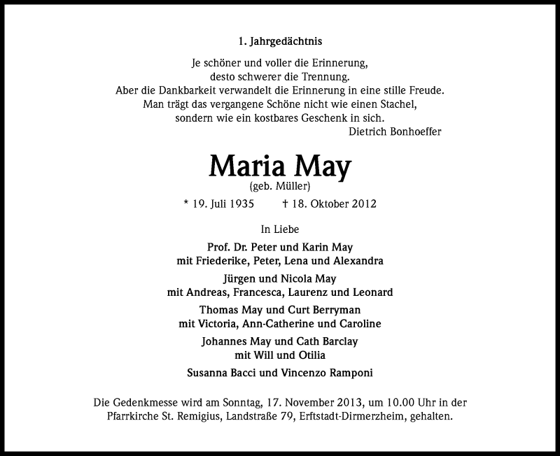  Traueranzeige für Maria May vom 18.10.2013 aus Kölner Stadt-Anzeiger / Kölnische Rundschau / Express