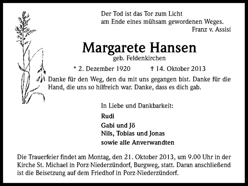  Traueranzeige für Margarete Hansen vom 19.10.2013 aus Kölner Stadt-Anzeiger / Kölnische Rundschau / Express