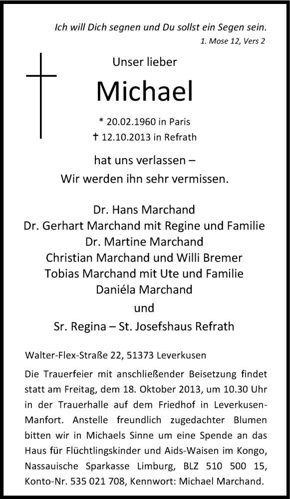  Traueranzeige für Michael Marchand vom 16.10.2013 aus Kölner Stadt-Anzeiger / Kölnische Rundschau / Express
