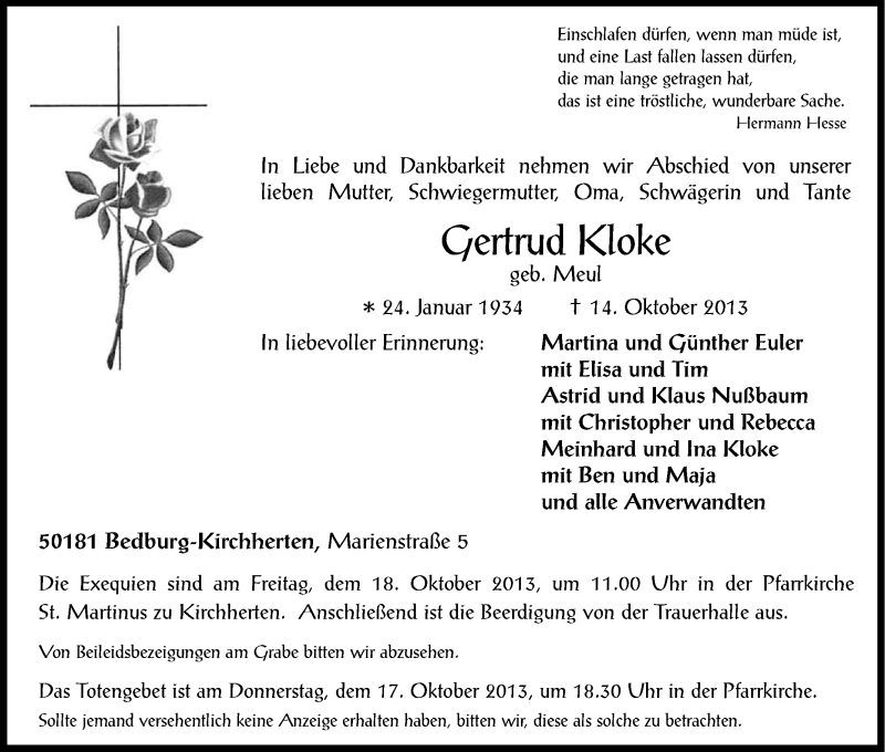  Traueranzeige für Gertrud Kloke vom 16.10.2013 aus Kölner Stadt-Anzeiger / Kölnische Rundschau / Express