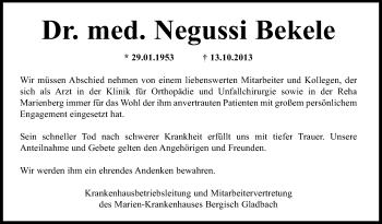 Anzeige von Negussi Bekele von Kölner Stadt-Anzeiger / Kölnische Rundschau / Express