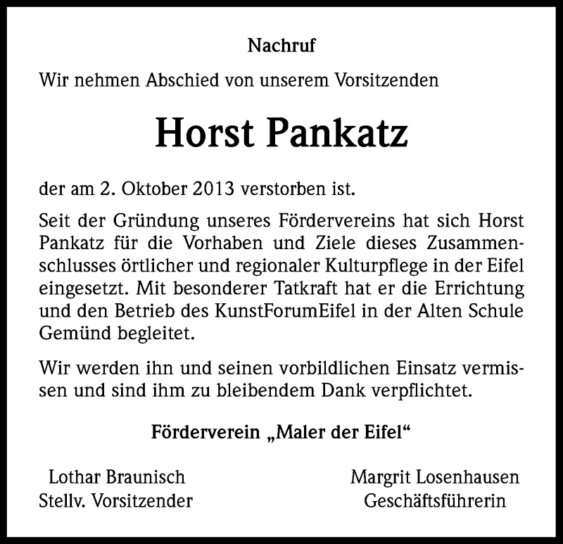  Traueranzeige für Horst Pankatz vom 16.10.2013 aus Kölner Stadt-Anzeiger / Kölnische Rundschau / Express