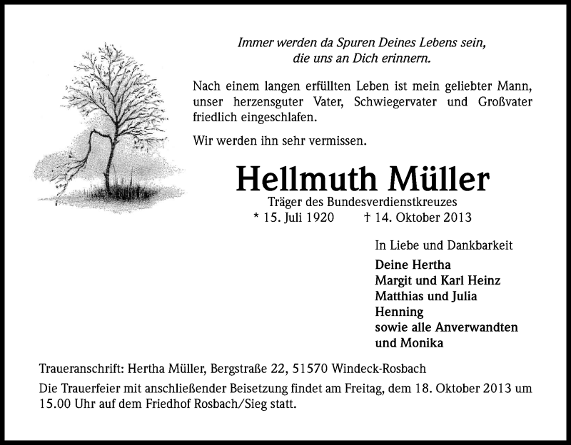  Traueranzeige für Hellmuth Müller vom 16.10.2013 aus Kölner Stadt-Anzeiger / Kölnische Rundschau / Express