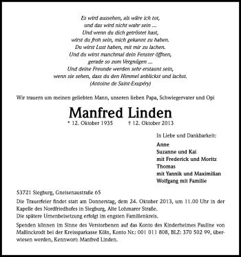 Anzeige von Manfred Linden von Kölner Stadt-Anzeiger / Kölnische Rundschau / Express
