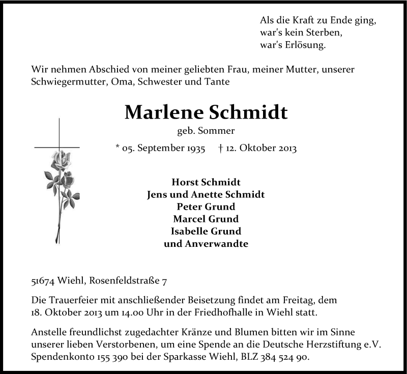  Traueranzeige für Marlene Schmidt vom 16.10.2013 aus Kölner Stadt-Anzeiger / Kölnische Rundschau / Express