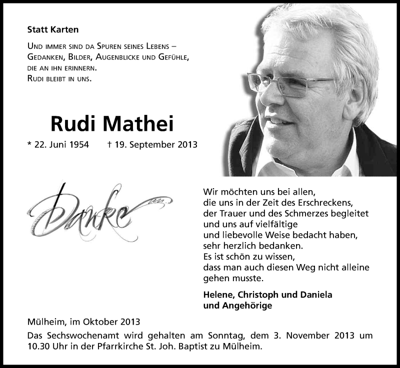  Traueranzeige für Rudi Mathei vom 23.10.2013 aus Kölner Stadt-Anzeiger / Kölnische Rundschau / Express