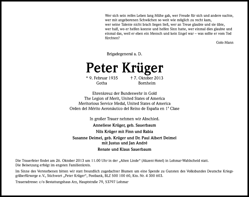  Traueranzeige für Peter Krüger vom 19.10.2013 aus Kölner Stadt-Anzeiger / Kölnische Rundschau / Express