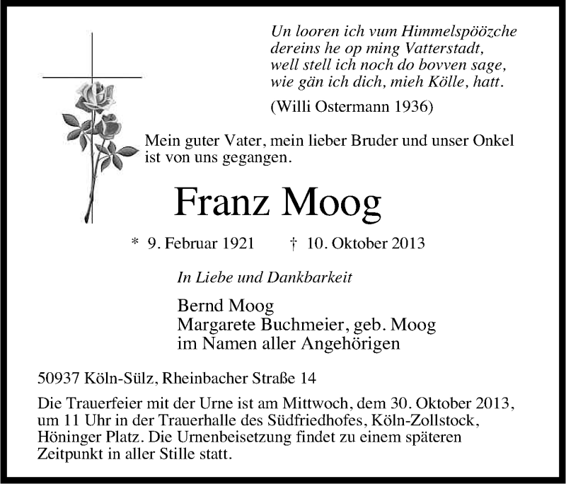  Traueranzeige für Franz Moog vom 19.10.2013 aus Kölner Stadt-Anzeiger / Kölnische Rundschau / Express