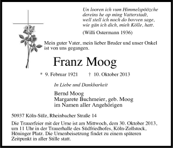 Anzeige von Franz Moog von Kölner Stadt-Anzeiger / Kölnische Rundschau / Express