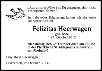 Anzeige von Felizitas Heerwagen von Kölner Stadt-Anzeiger / Kölnische Rundschau / Express