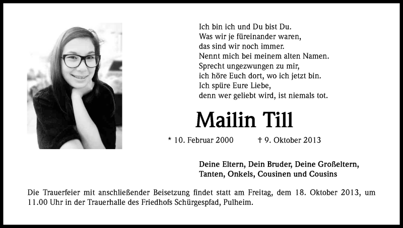  Traueranzeige für Mailin Till vom 17.10.2013 aus Kölner Stadt-Anzeiger / Kölnische Rundschau / Express