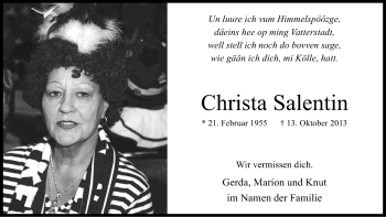 Anzeige von Christa Salentin von Kölner Stadt-Anzeiger / Kölnische Rundschau / Express