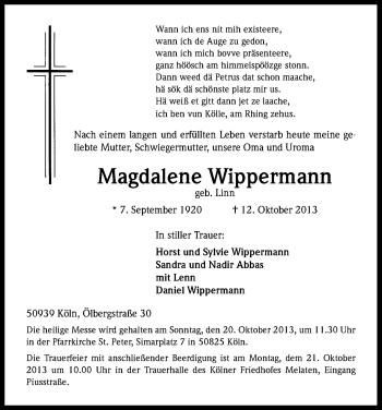 Anzeige von Magdalena Wippermann von Kölner Stadt-Anzeiger / Kölnische Rundschau / Express