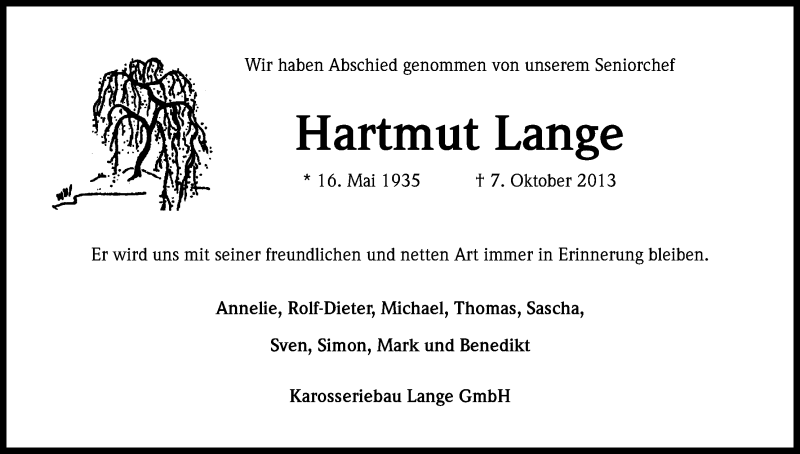  Traueranzeige für Hartmut Lange vom 19.10.2013 aus Kölner Stadt-Anzeiger / Kölnische Rundschau / Express