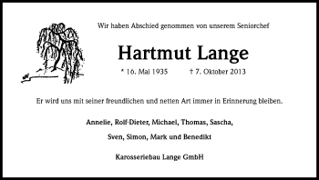 Anzeige von Hartmut Lange von Kölner Stadt-Anzeiger / Kölnische Rundschau / Express