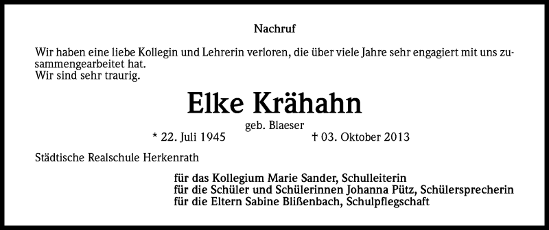  Traueranzeige für Elke Krähahn vom 19.10.2013 aus Kölner Stadt-Anzeiger / Kölnische Rundschau / Express