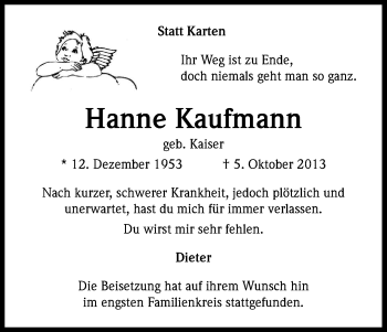 Anzeige von Hanne Kaufmann von Kölner Stadt-Anzeiger / Kölnische Rundschau / Express