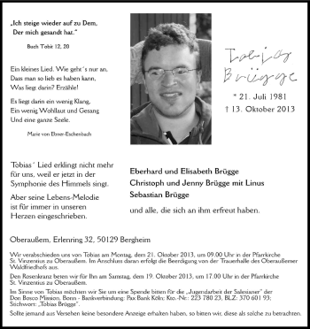 Anzeige von Tobias Brügge von Kölner Stadt-Anzeiger / Kölnische Rundschau / Express